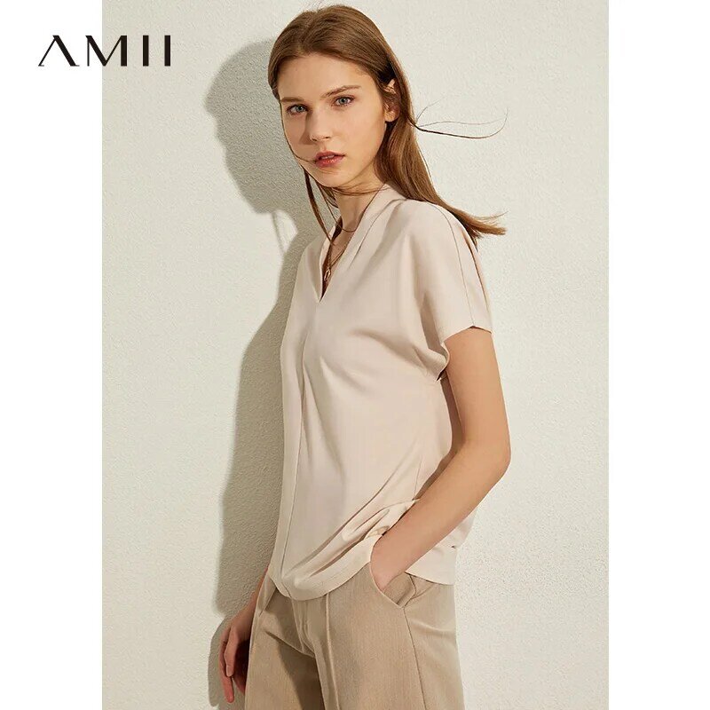 AMII Minimalism Spring Summer Chiffon Solid Vneck Loose Women Blouse Causal Daily Short Sleeves Female Blouse 12060068