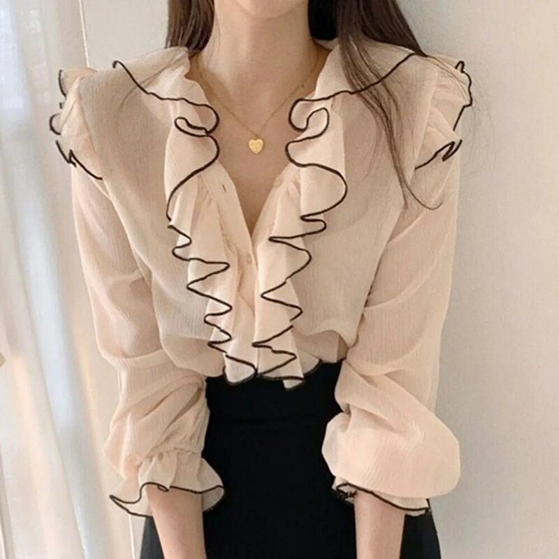 Autumn New 2021 Blouse Korean Fashion Temperament Elegant V-neck Splicing Ruffle Solid Color Long Sleeve Casual Simplicity