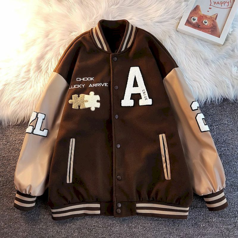 Vintage Baseball Jacket Brown Puzzle PU Leather Embroidery Men Women Woolen Jacket Coat High Street Hip Hop Outerwear Clothing
