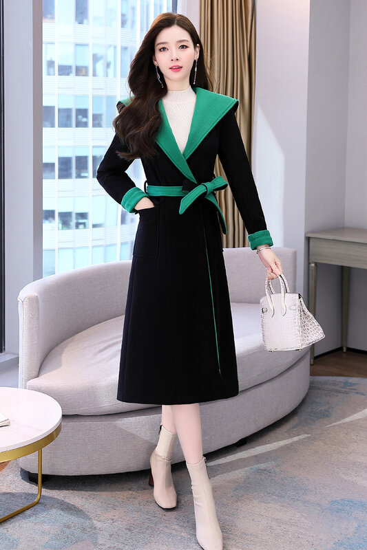 The New 2021 Winter Long Over The Knee Fashion Temperament Through The Column of Aging Spell Continuous Hat Wool Coat Belt