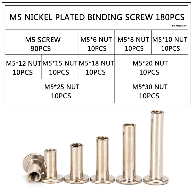 180Pcs 60Pcs M5 Phillips Chicago Binding Schroeven Nikkel Messing Plated Assortiment Kit Diy Tool Accessoires Vervanging Set S33