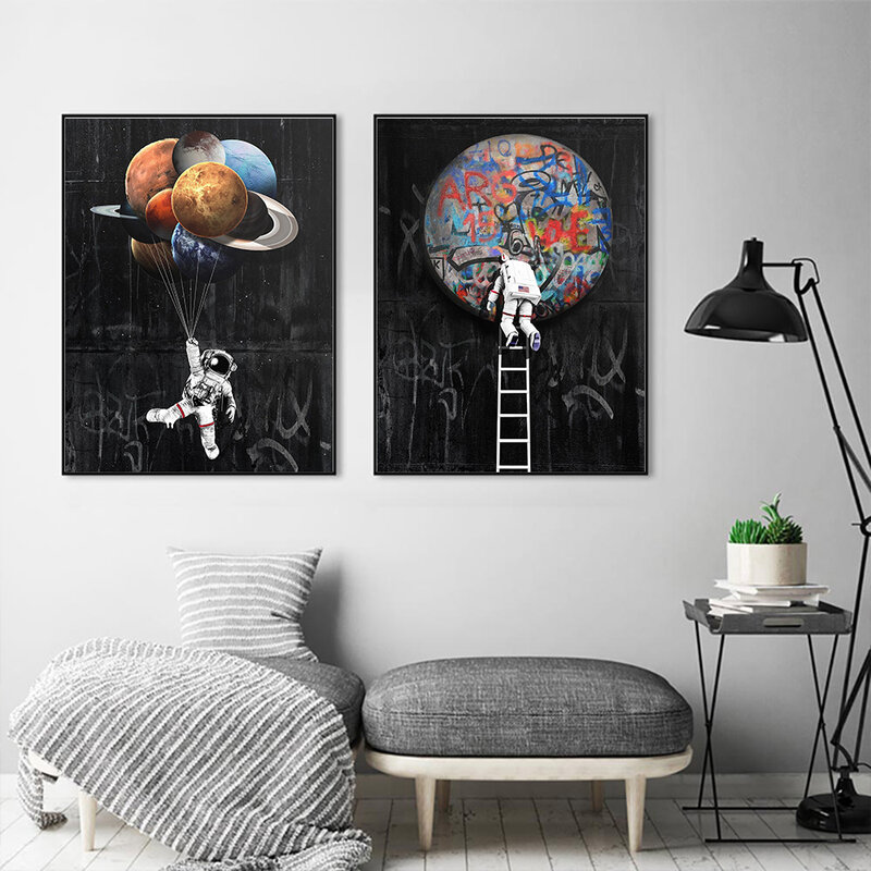 Decoração de parede com balão, arte de parede da terra, espaço homesick, planta, grafite, arte, citação de foguete, pintura moderna de tela, decoração astronauta