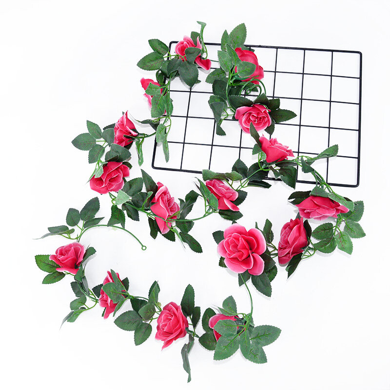 Rosa de seda de 220cm, flor Artificial de ratán, planta falsa, hojas, cuerda de vid, arco de boda, decoración colgante para la pared del jardín y el hogar