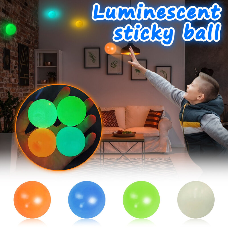 4pcs Stick Wall Balls Sticky Target Ball Fluorescent Ceiling Ball no-stress Decompression Toy Catch Throw Ball Kids Toys