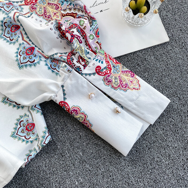 Blusa de manga larga ajustada Retro para primavera y otoño, camisa con estampado de una botonadura para mujer, con solapa