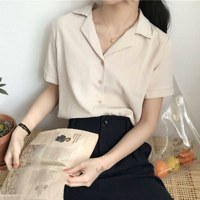 الصيف بلوزة قميص للنساء موضة قصيرة الأكمام الخامس الرقبة عادية مكتب سيدة قمصان بيضاء بلايز اليابان الكورية نمط
