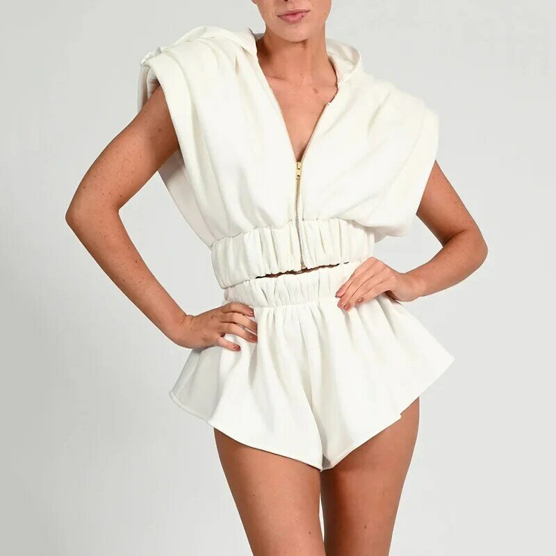 OneLineFox Summer Baggy Bat Sleeve Shoulder With Padded Hoodie Top+Shorts Set Matching Hot High Street Sexy Club Outfits