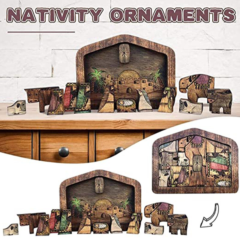Rompecabezas de Natividad con diseño de madera quemada, juego de rompecabezas de Jesús para adultos y niños, adornos de decoración del hogar
