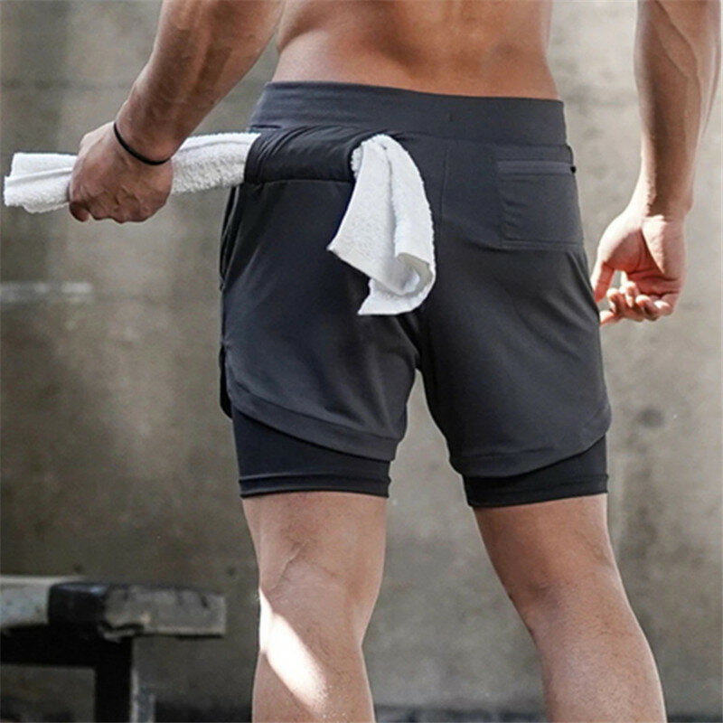 Calções casuais masculinos 2 em 1 shorts de corrida secagem rápida calções de desporto ginásios fitness musculação workout built-in bolsos curtos