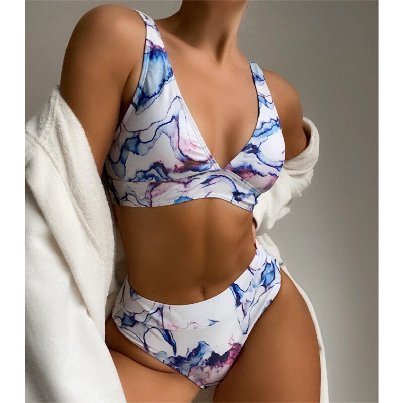 GNIM-Bikini con estampado Retro de cintura alta para Mujer, ropa de playa, traje de baño de 2 piezas de corte alto con cuello Halter, bañador brasileño 2021