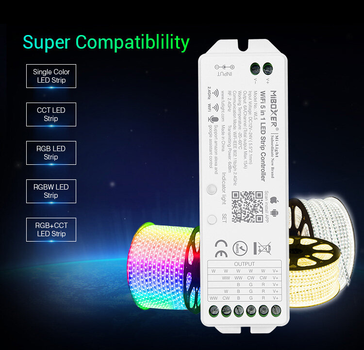 Milight WL5 واي فاي LED تحكم ل RGB RGBW CCT لون واحد led قطاع ضوء الشريط الأمازون اليكسا صوت الهاتف App التحكم عن بعد