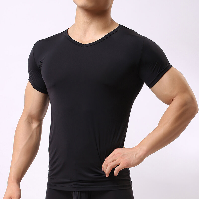 Sexy ultra-fino puro homem fitness poliéster undershirts gay gelo seda com decote em v camisas transparentes sexy nova moda