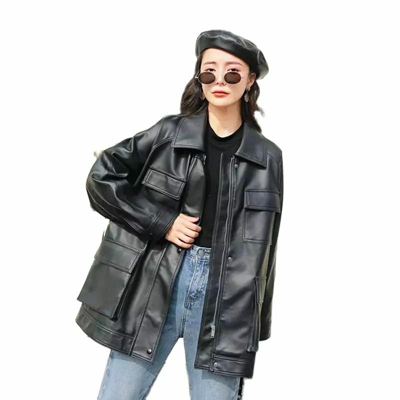 LEDEDAZ-Chaqueta de cuero sintético para mujer, abrigo de piel sintética con cremallera y bolsillo para cinturón, de longitud media, color negro, primavera y otoño, 2020