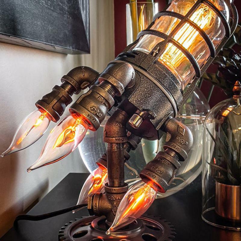Raket Lamp Steampunk Industriële Desk Night Lamp Decoractive Nachtkastje Licht Voor Slaapkamer Decor Kids Geschenken Vaderdag Geschenken