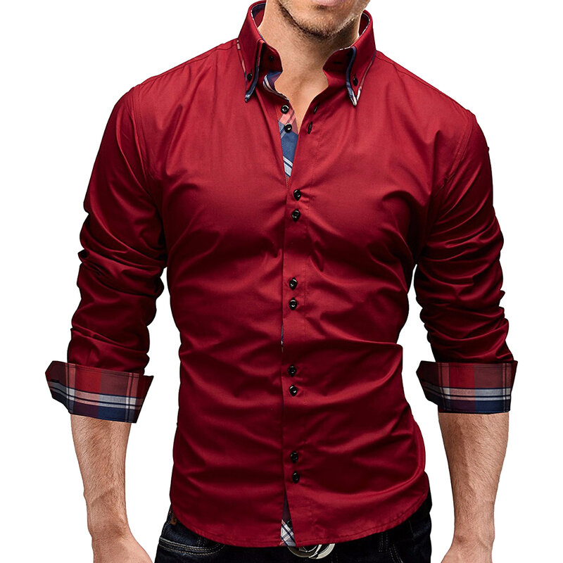 Kemeja Lengan Panjang Pria Kemeja Kotak-kotak Kemeja Warna Solid Pakaian Kasual Bisnis Pria