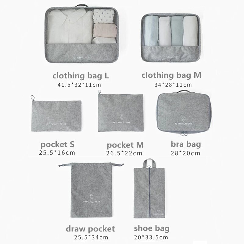 Tas Penyimpanan Pakaian Pengatur Bagasi Perjalanan 7 Buah/Set Tas Kosmetik Berkualitas Tinggi Tas Koper Pengepakan Aksesori Perjalanan