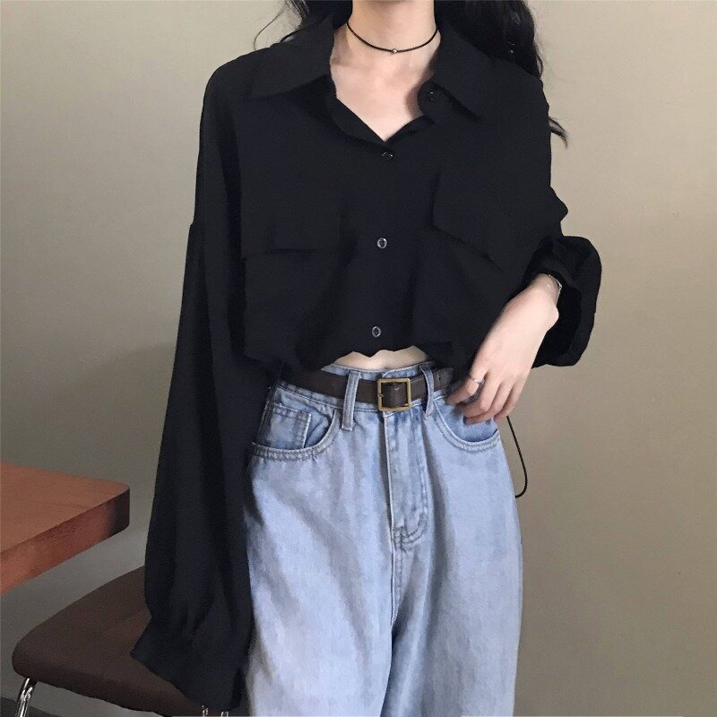 Camicia a maniche lunghe nera allentata di Design Sense da donna primavera 2021 nuova elegante camicia delicata alla moda