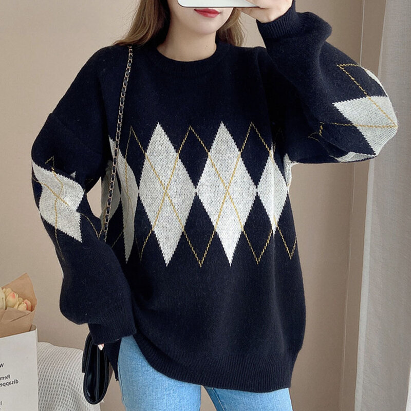 2021 Autumn Pregnant Women Sweater Korean Style Maternity Clothes Loose Mid-length Geometric Patterns Pullovers Female Clothing