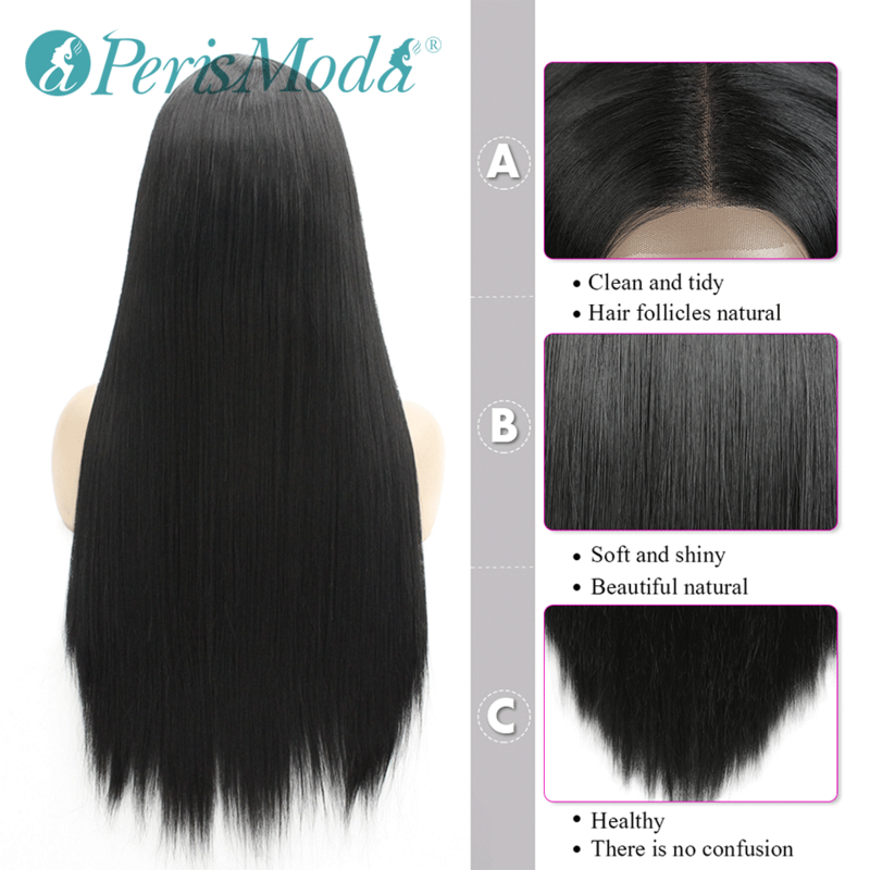 Perucas sintéticas longas retas do cabelo da fibra do preto da densidade natural das perucas dianteiras do laço para as perucas sintéticas pretas