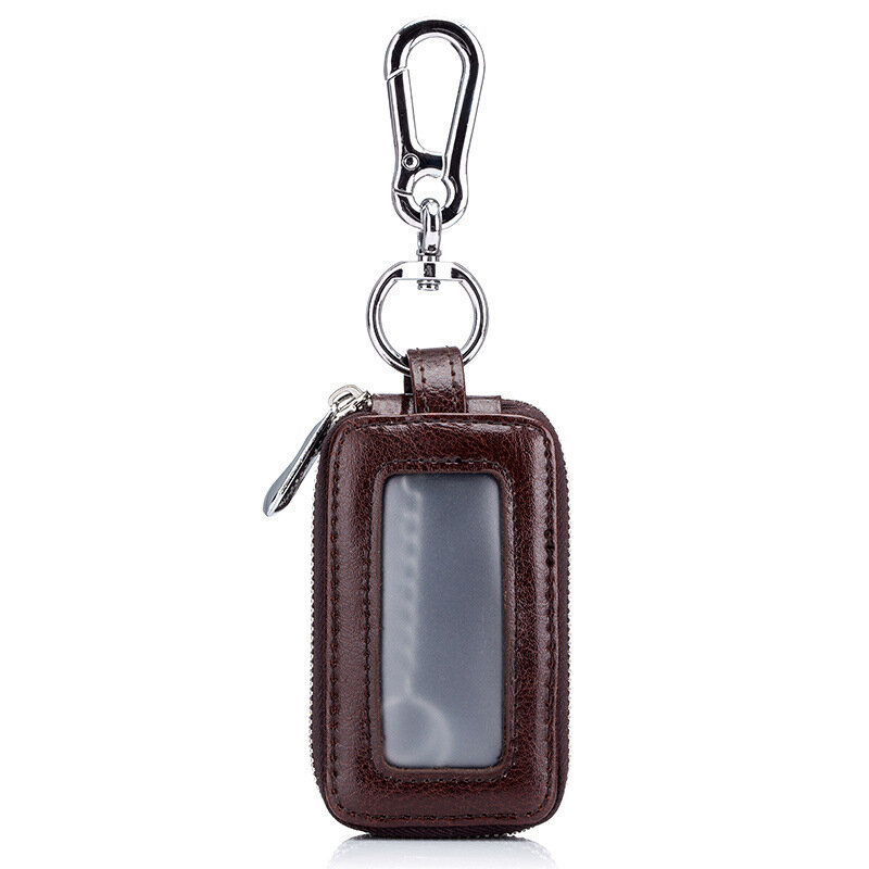 Split Cow Leather 2-Layers Zipper Car Key Case Double Pocket Car Keyfob For Men Mini Keyring Hooker Clear Pocket Key Shell Cover