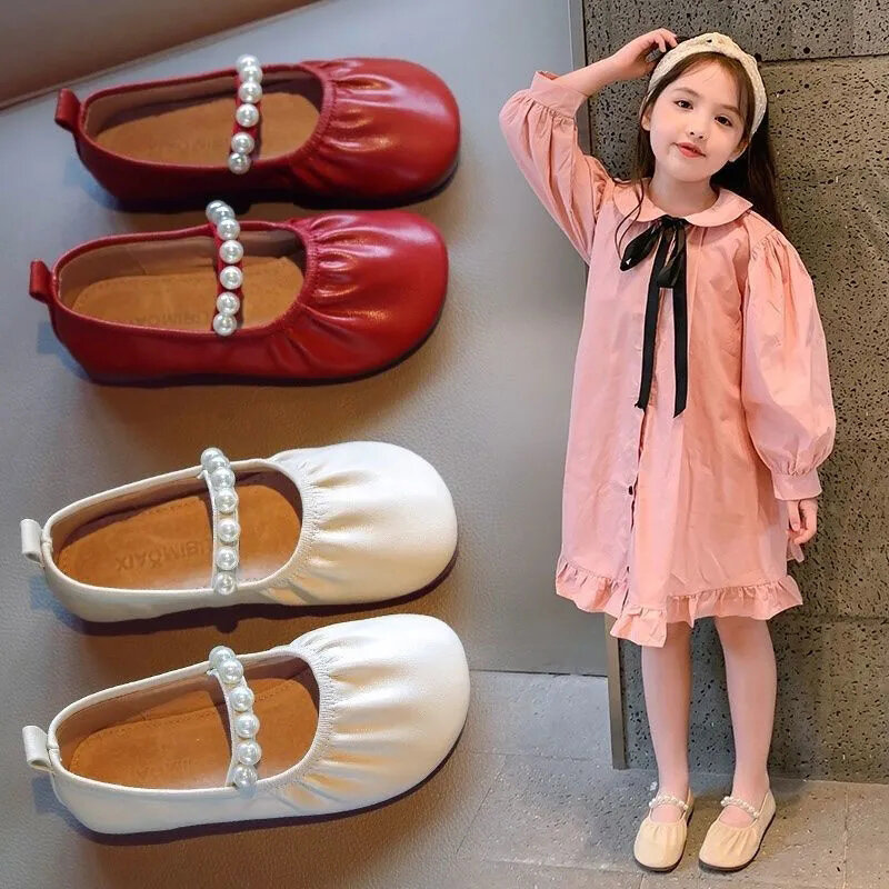 Crianças princesa sapatos 2021 nova moda da criança meninas pérola overshoes festa elegante sapatos planos crianças sapatos de couro