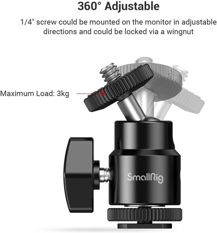 SmallRig Video Metal Mini Ball Head Cold/Hot Shoe Mount w/ 1/4" Screw Support Bracket fr DSLR Camera LED Light Monitor 2059