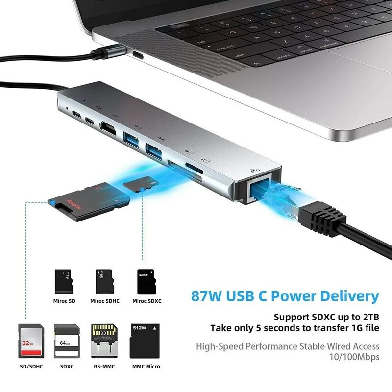 USB Docking Station 8 In 1 Type-C ถึง4K RJ45 Docking Station USB 3.0 TF PD Charger hub Adapter Fast Charger Dock Station