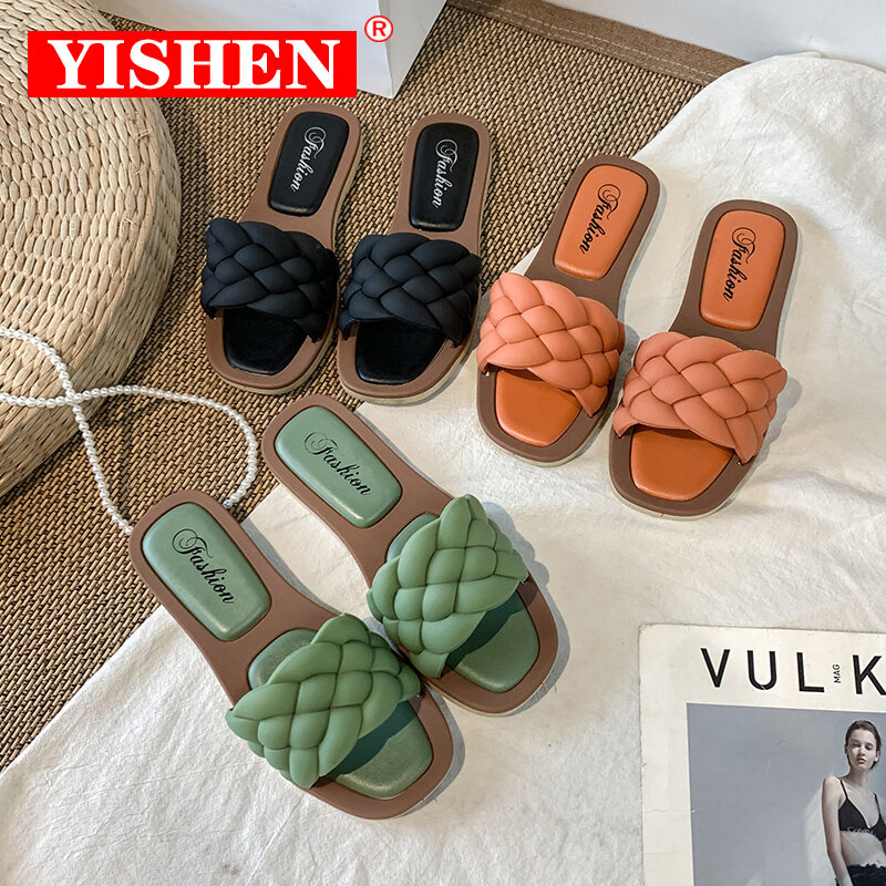 YISHEN 여성 기질 슬리퍼 꼰 디자인 오픈 발가락 세트 피트 휴가 비치 플랫 샌들 캐주얼 플립 플롭 여성 신발
