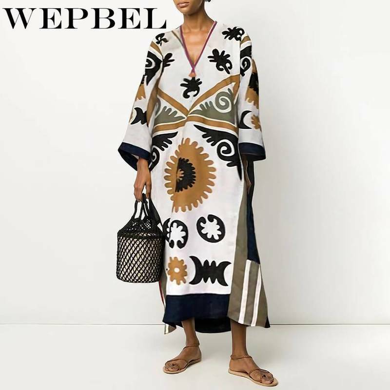 WEPBEL Women Summer Autumn Sexy Dress Elegant Ladies Long Sleeve V Neck Print Loose Long Dress