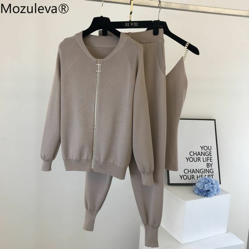 Mozuleva – gilet tricoté avec fermeture éclair et pantalon pour femme, ensemble de 3 pièces, survêtement, tenue pour l'automne et l'hiver, 2021