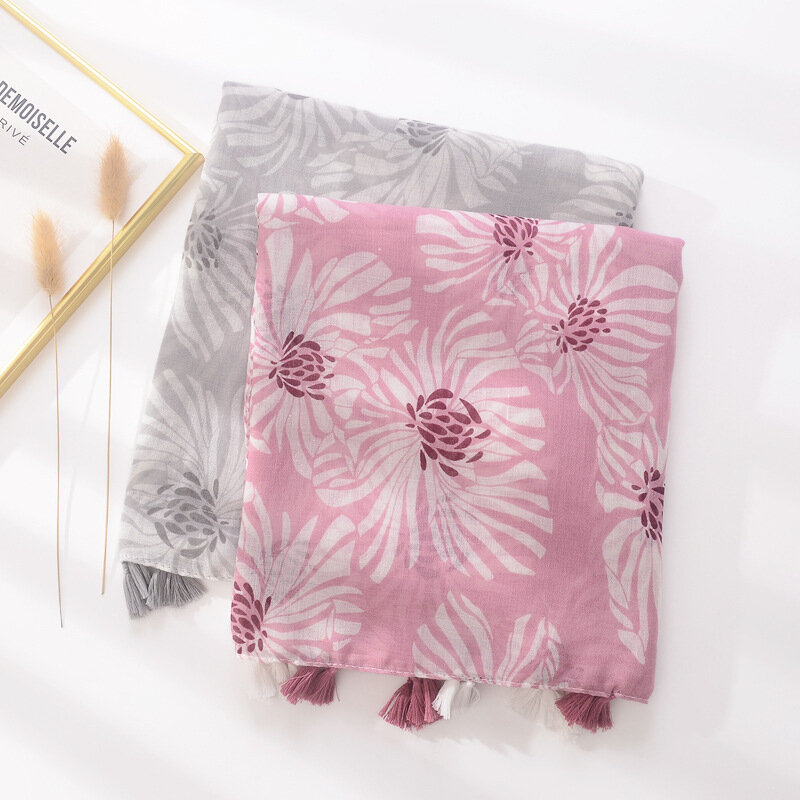 トラベルサンスクリーンコットンとリネンのシルクスカーフ,フリンジ付きスカーフ,小さなゆったりとした菊のプリント,ビーチタオル