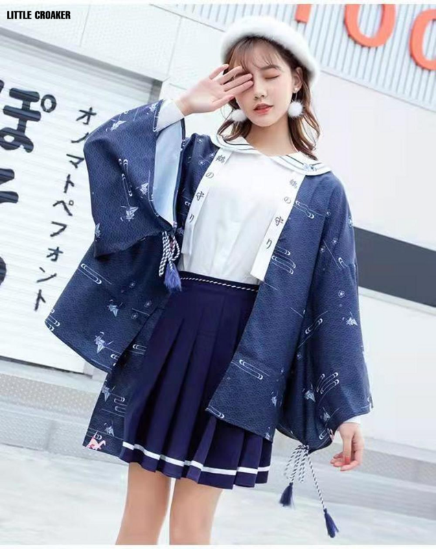 Kawaii vestuário do vintage japonês moda japão kimonos para meninas mulheres kimono jaqueta plus size camisa e saia plissada