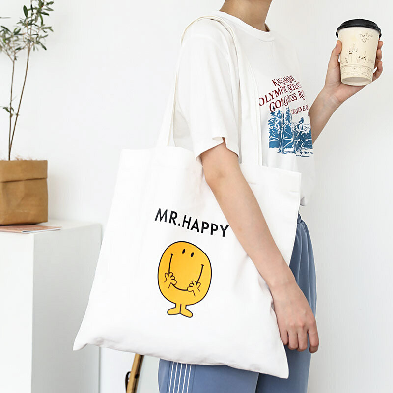 Einfache Tragetaschen Für Frauen Leinwand Schöne Druck Schulter Einkaufstasche Weiß Stoff Handtasche Für Mädchen Schule Student Shopper