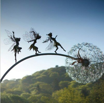 2D Garden Fairy Decoration Stake Fairy Playing On/with The Dandelion Metal Art Elf Silhouette Ornament for Outdoor
