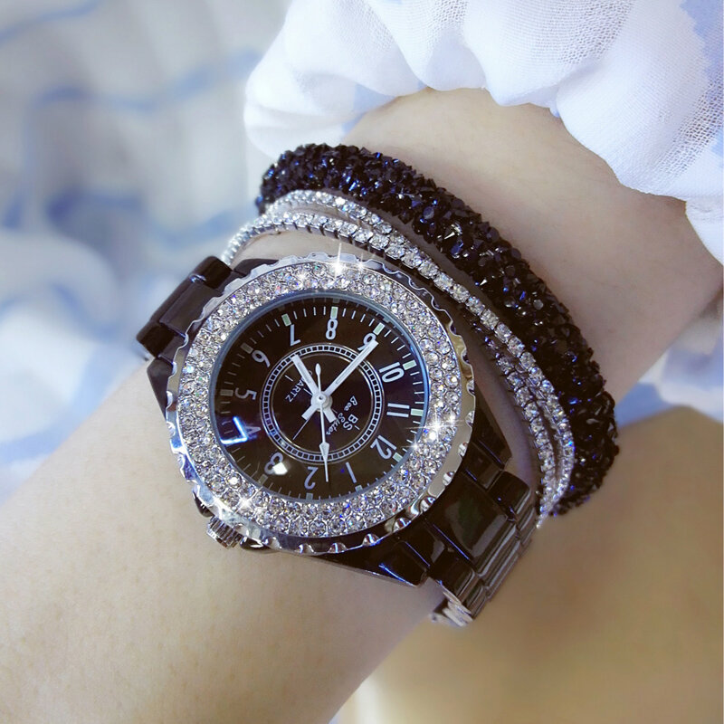 2019 Luxury Crystal นาฬิกาข้อมือผู้หญิงสีขาวเซรามิคสุภาพสตรีนาฬิกาควอตซ์แฟชั่นนาฬิกาผู้หญิงสุภาพสตร...