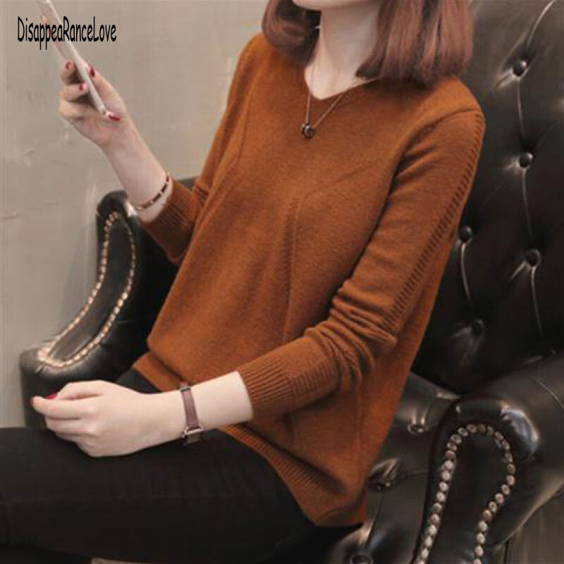 Fashion Back Button V-Neck Sweater Autumn Solid Knitted Pullover Women Slim Soft Jumper Sweater Pink Kawaii Sweaters Girl