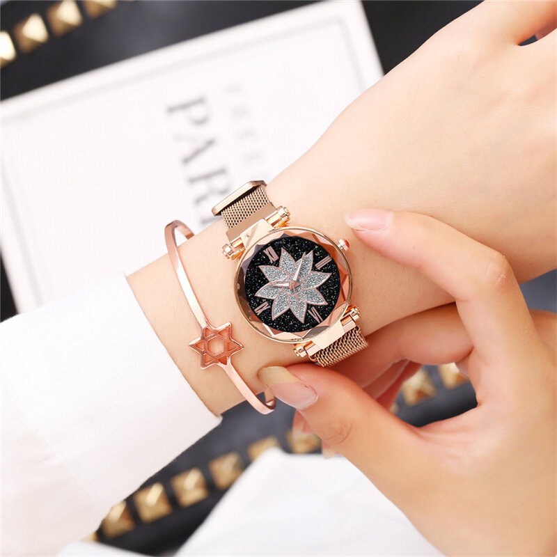 Damen Uhr Luxus Spiegel Edelstahl Armband Verschluss Damen Quarzuhr Mit Magnetic Stern Sky Schnalle Zarte Uhr