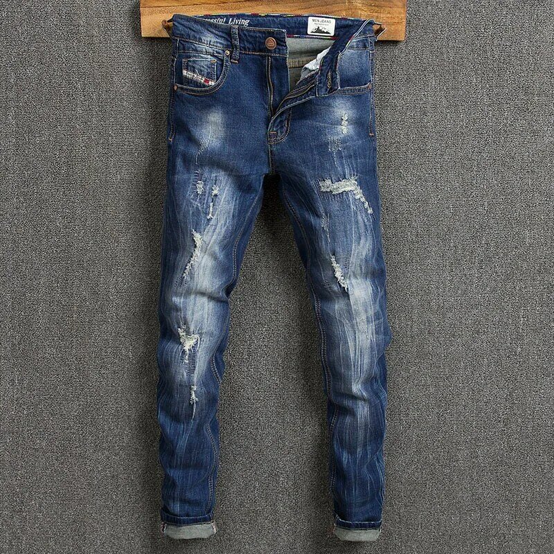 Streetwear moda masculina jeans retro azul escuro destruído jeans rasgados para homem elástico de algodão fino ajuste designer hip hop calças punk