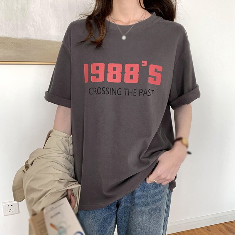 EFINNY 여성 티셔츠 카와이 한국 스타일 셔츠 라운드 넥 반팔 탑스 루즈 티셔츠 여름 플러스 사이즈 여성 의류