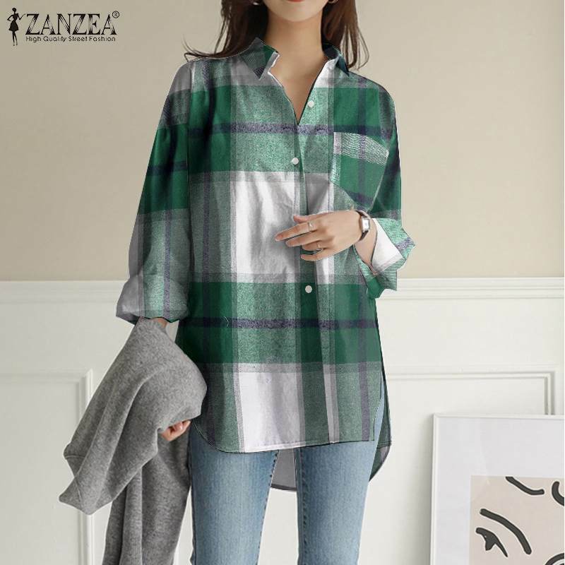 ZANZEA Vintage المرأة بلوزة رسمية قمصان مربعة النقش 2021 عادية مكتب سيدة كم طويل بلايز الخريف فضفاض المتضخم Blusa Femininas