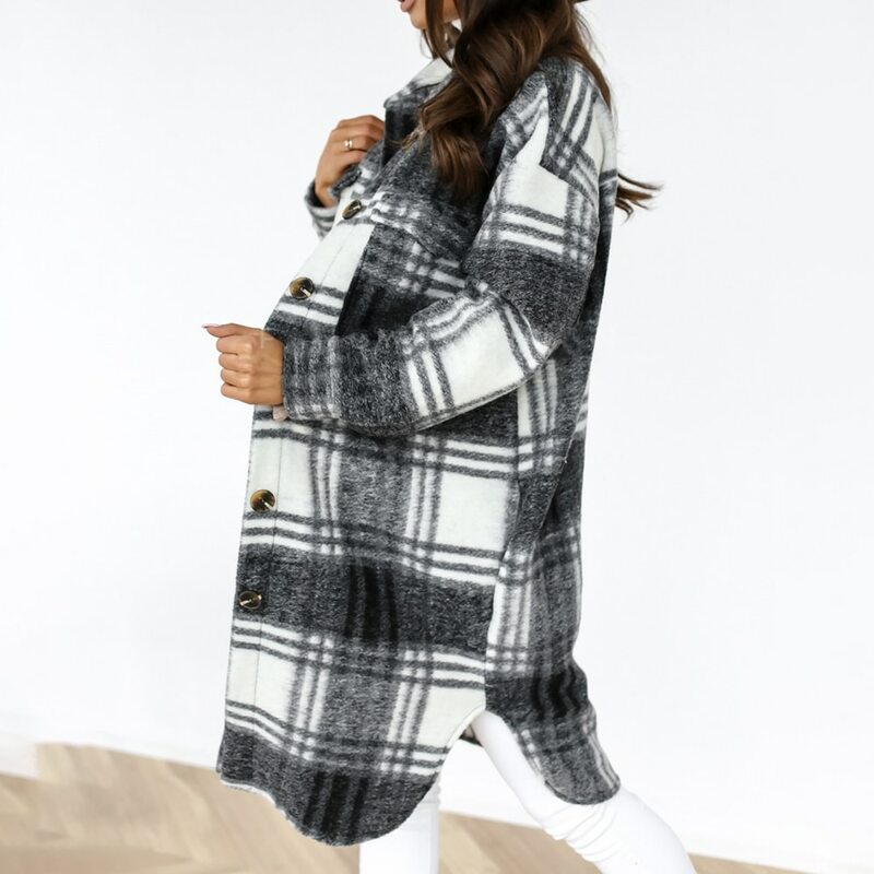 2021 inverno verificado jaqueta feminina vire para baixo casaco quente xadrez longo casaco de lã grosso mistura streetwear feminino