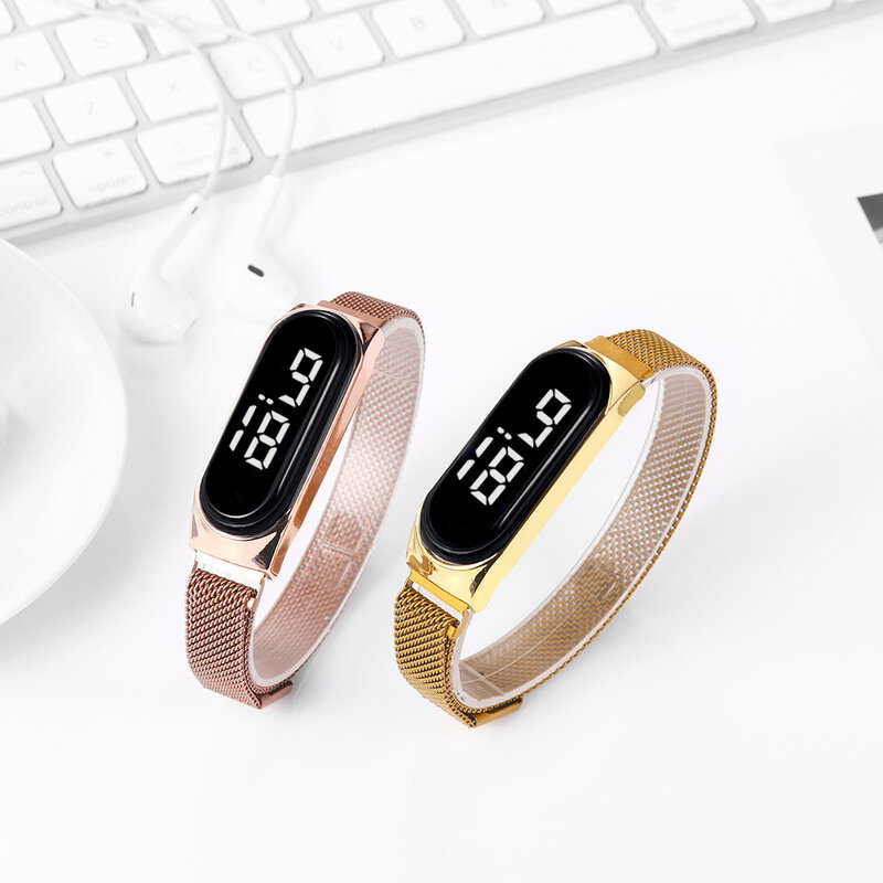 Relógio digital esportivo feminino led 2020, relógio de pulso digital retroiluminado unissex para casais, tela sensível ao toque, pulseira magnética para mulheres