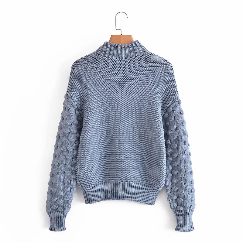 Fall Winter Coarse Wool Knitted Sweater Women Fashion Half High Collar Loose Puff Sleeves Pullover Female Casual Jumpers Tops