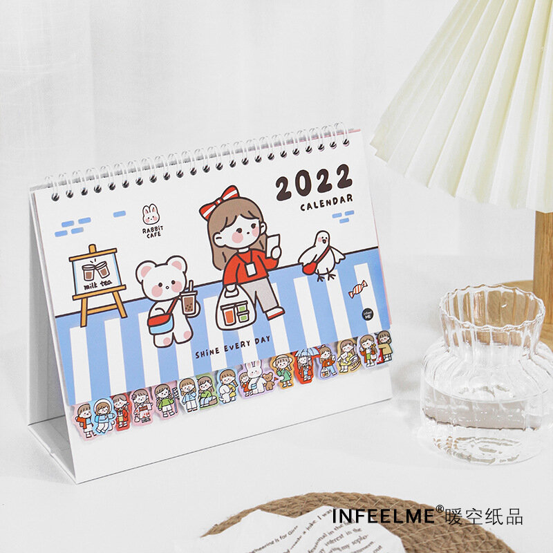 2022 Baru Kawaii Lucu Gadis Kelinci Kalender dengan Stiker Kumparan Jadwal Kreatif Meja Tanggal Pengingat Jadwal Perencana Sl3063