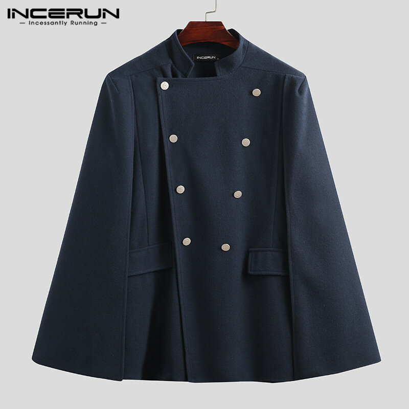 INCERUN – coupe-vent à col montant pour homme, manteau solide, Double boutonnage, Cape, poches, Poncho, grande taille, hiver