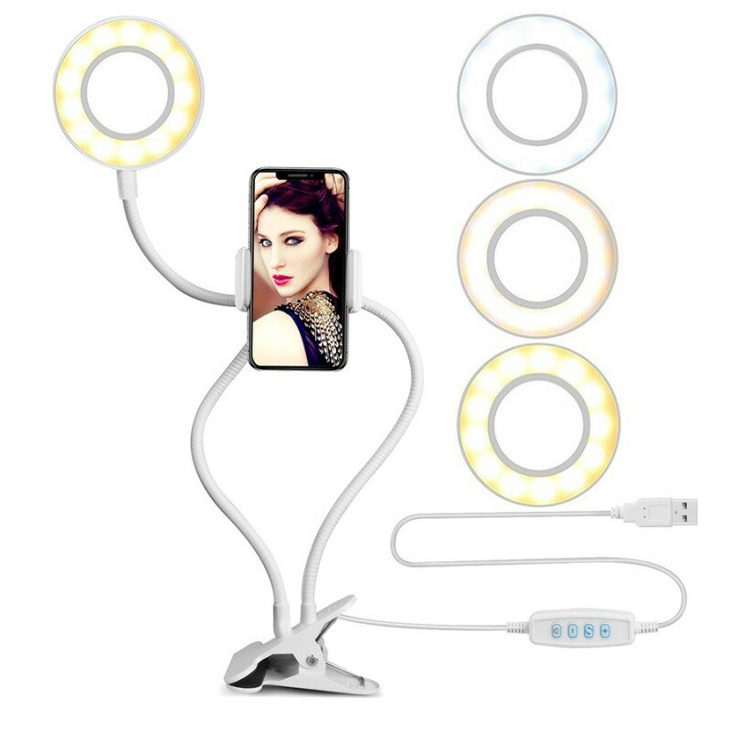 Luz de preenchimento led giratória flexível 3 modos 2 em 1, luz de preenchimento com suporte para celular para transmissão ao vivo, usb, lâmpada de mesa, luz de preenchimento de maquiagem ajustável