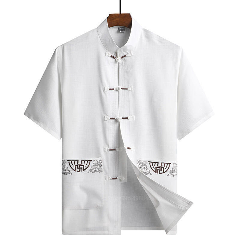 Traditional Chinese Clothing Set for Men Adult Tai Chi Kung Fu Uniforms Linen Short Sleeve Embroidery Casual Chinese Costumes