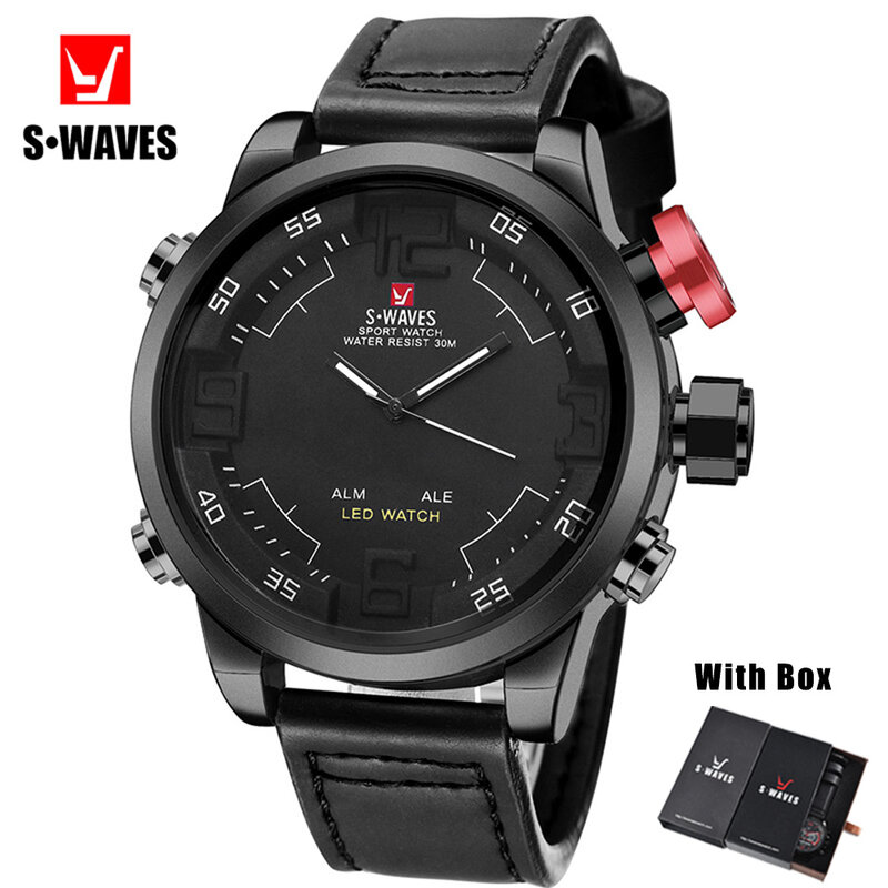 Swaves-Relojes para Hombre, con caja, pantalla Dual, Led, analógico, Digital, de cuarzo, deportivo, resistente al agua, de cuero