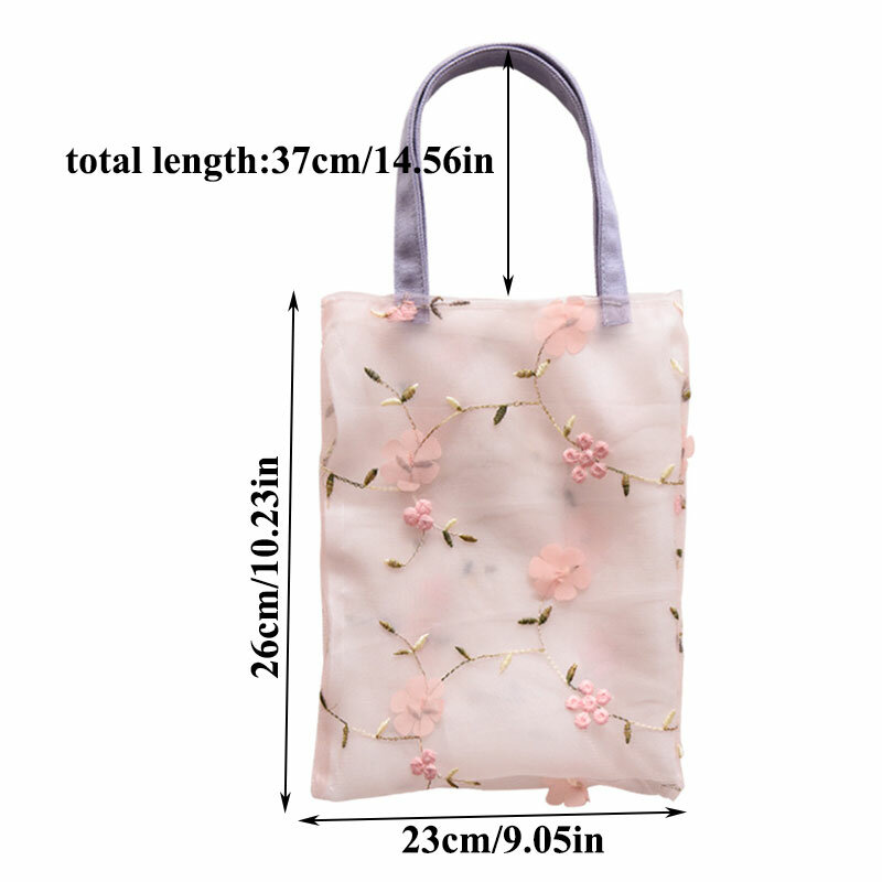 Bolsa feminina de mão bordada, bolsa de mão casual de malha para compras, bolsa de mão ecológica transparente para meninas
