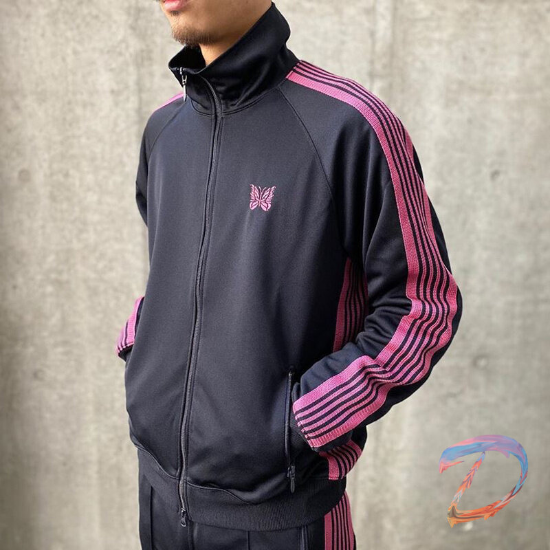 Oversize Men's Women's Clothes Needles Track High Quality Pink Striped Ribbon Butterfly Embroidery Sportswear Trousers AWGE Suit
